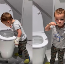 El hijito de Fabián Cubero y Mica Viciconte se lava los dientes en el inodoro